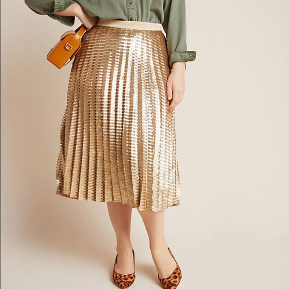 Anthropologie Metallic Gold Pleated Midi Skirt